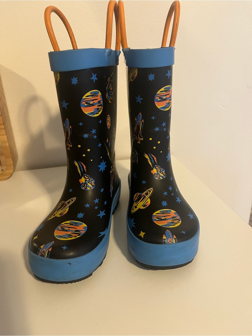 Cat & Jack Black Space Print Rain Boots with Blue Trim and Orange Pull Loops